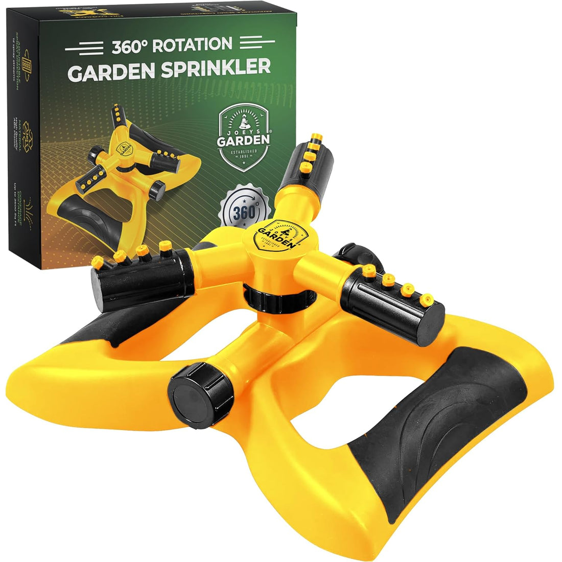 Joeys Sprinkler for Yard, Rotating Garden Sprinkler for Large Area Coverage, Lawn and Yard Sprinklers (Yellow)