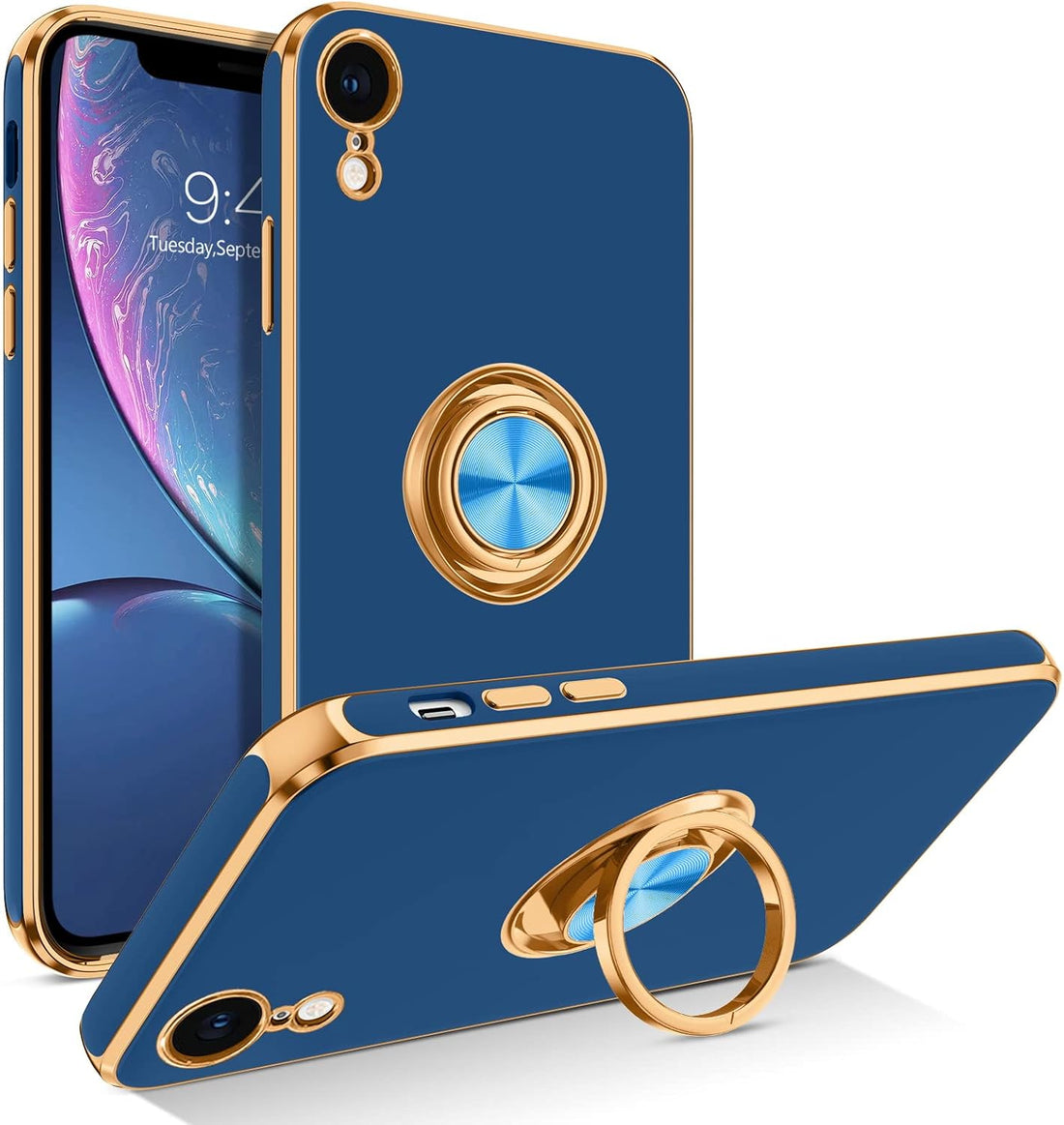 BENTOBEN iPhone XR Case, Phone Case iPhone XR, Slim Fit Sparkly Kickstand Ring Holder Design Shockproof Protection Soft TPU Bumper Drop Protective Girls Women Boys iPhone XR 6.1" Cover, Blue/Gold