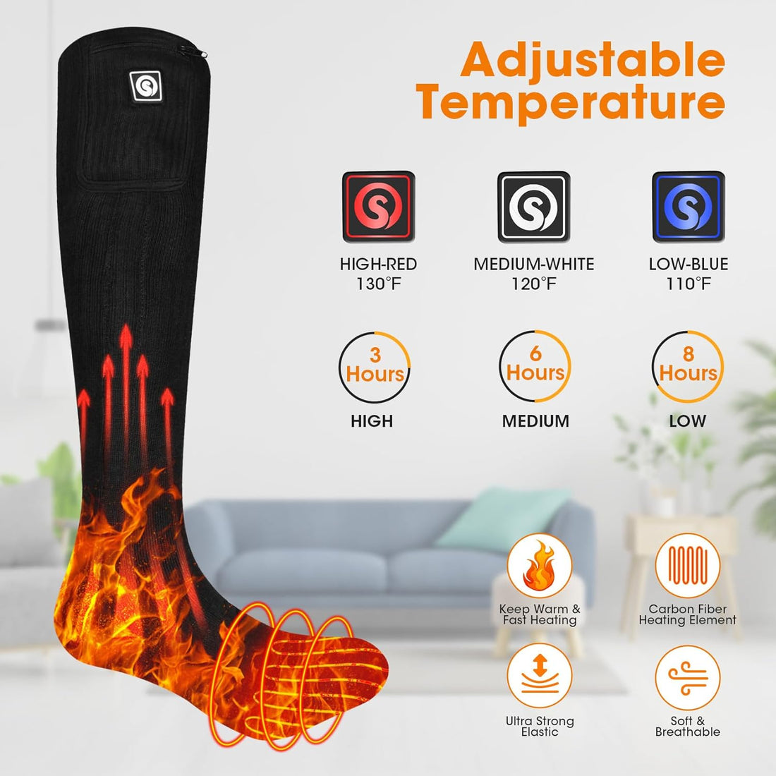 Heated Socks, Rechargeable Electric Socks for Men Women, 7.7V Battery Power Thermal Heating Socks Winter Foot Warmers for Hunting Hiking Camping Fishing Zipper Battery Pocket