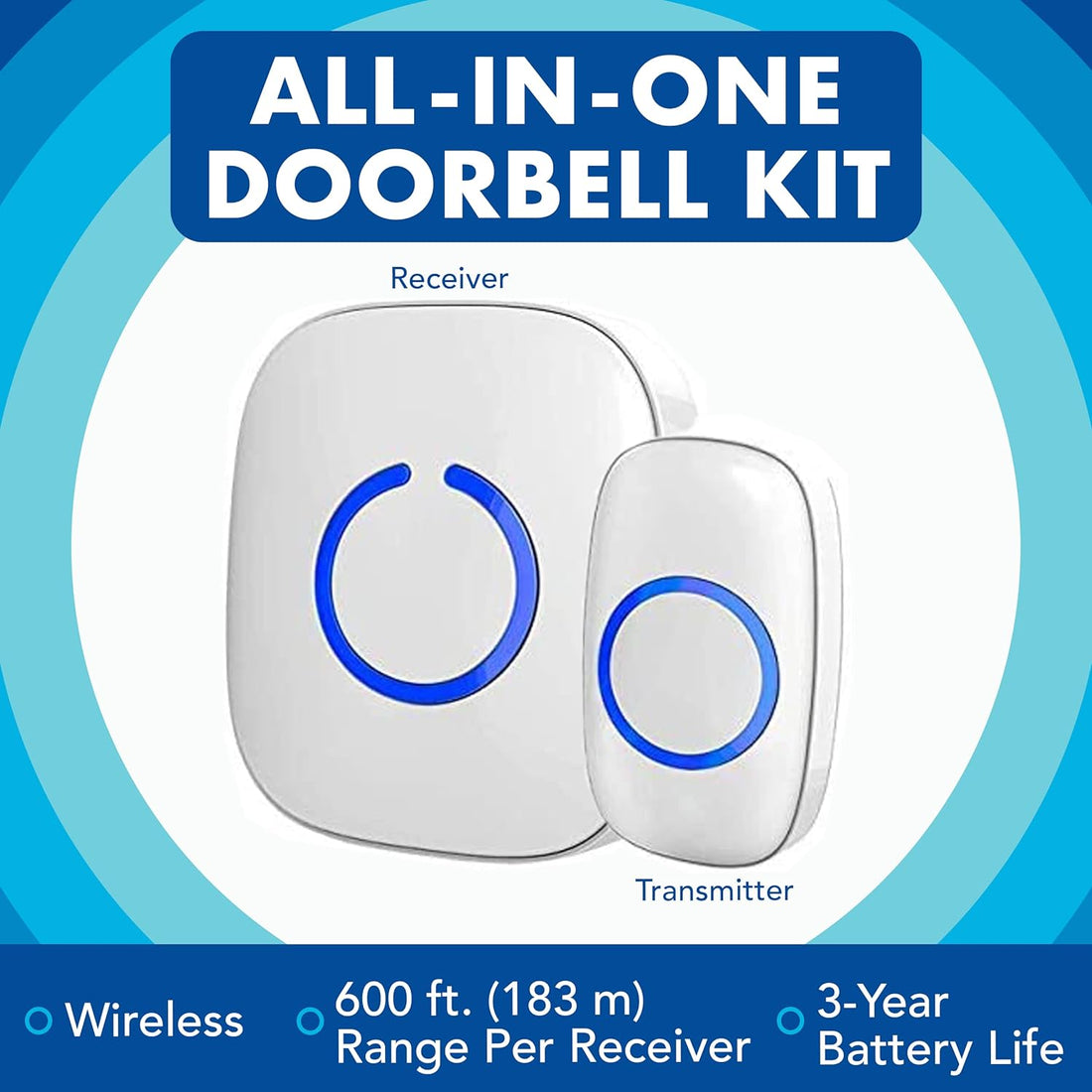 SadoTech Model CXR Wireless Doorbell with 1 Remote Button and 2 Plugin Receivers Operating at over 500-feet Range with Over 50 Chimes, No Batteries Required for Receivers, (White), Fixed Code C Series