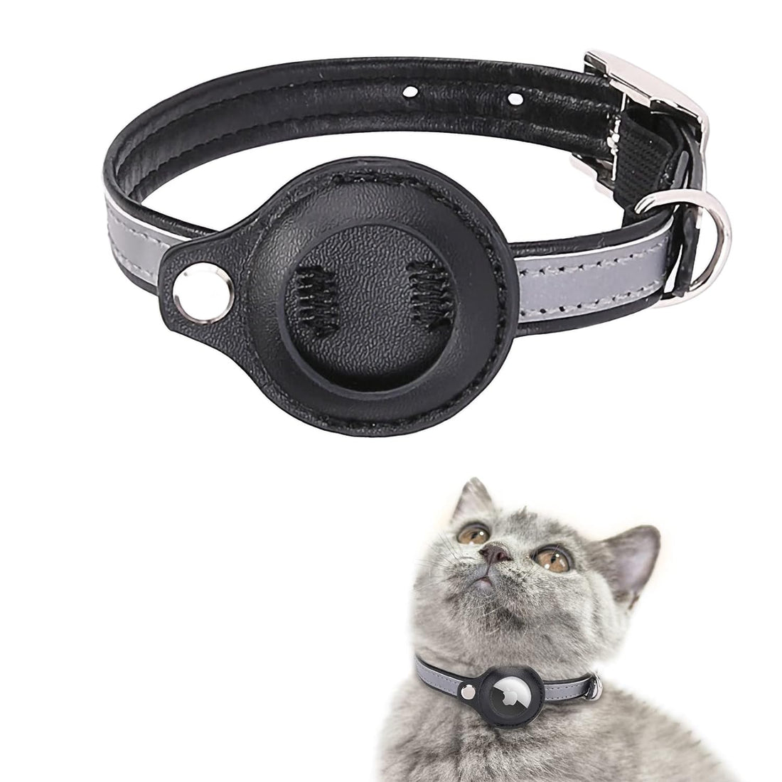 Aginkgo Cat Collar for AirTag Reflective Kitten Collar with Air Tag Holder Lightweight Tracker Breakaway Cat Collars Adjustable for Girl Boy Cats Puppies 9.05-11.8 inch Black (Black)