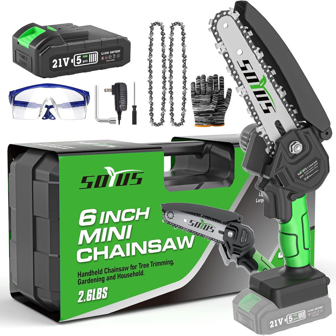 SOYUS Mini Chainsaw 6-Inch Cordless with 20V 2.0Ah Battery and Charger for Tree Trimming Branch Wood Cutting