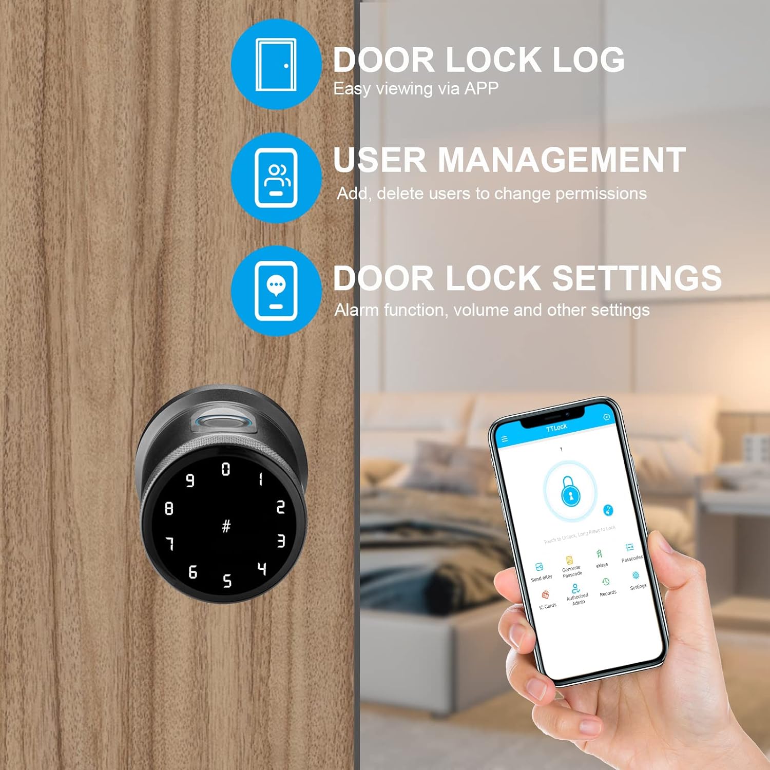 Smart Fingerprint Door Lock, 5-in-1 Keyless Entry Door Lock with Touchscreen Keypad, Smart Electronic Keypad Door Knob for Airbnb Home Hotel Office Apartment