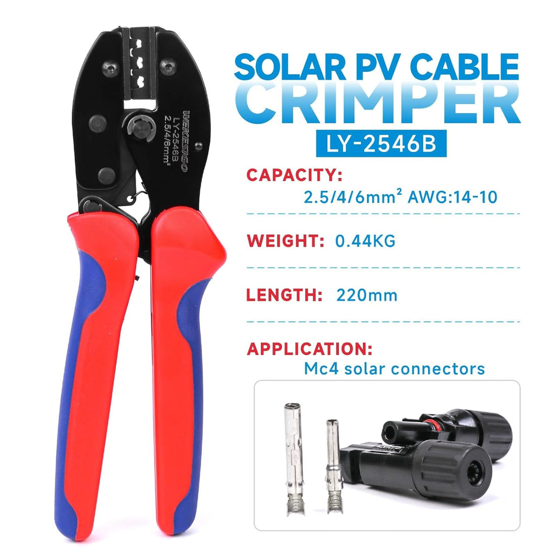WEKESIGO Solar PV Connector Crimping Tools for AWG14-10 (2.5/4/6mm²) Solar Panel PV Cable solar connectors LY-2546B