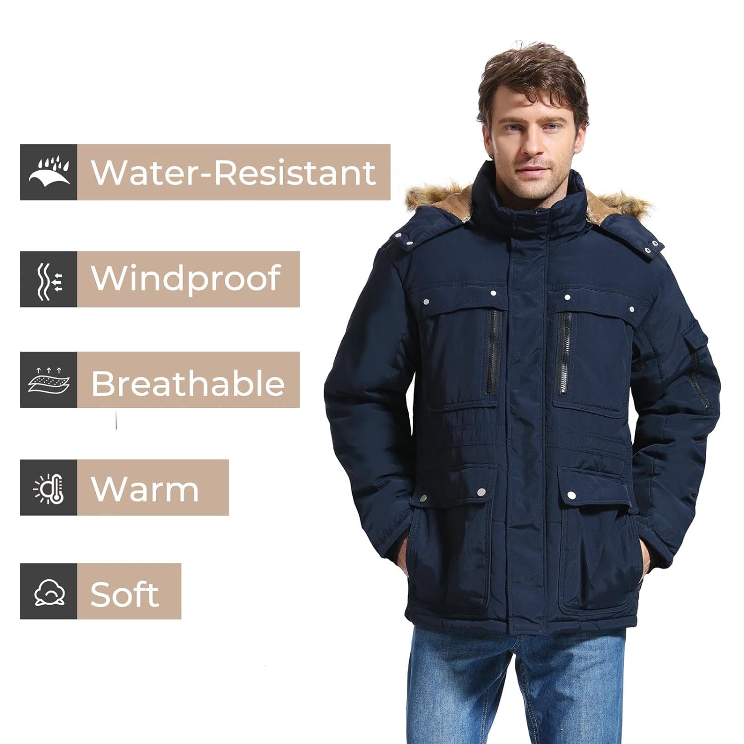 Yozai Mens Winter Parka Insulated Warm Jacket Military Coat Faux Fur with Pockets and Detachable Fur Hood 373 Navy Medium