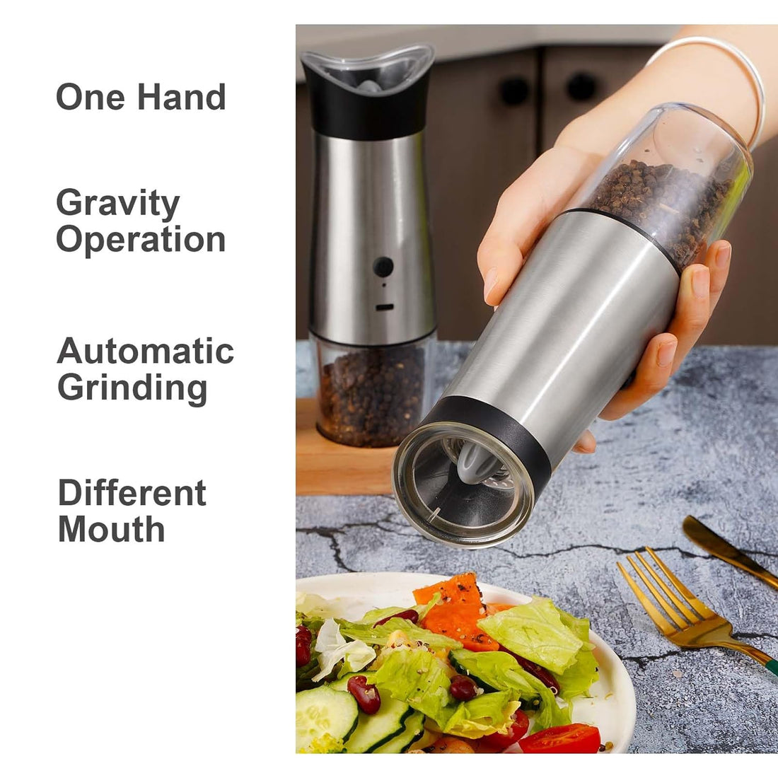 Electric Salt and Pepper Grinder Set, Onous Gravity Automatic Salt and Pepper Grinder Set Long Battery Life Pepper Mill Shakers, 2 Pack