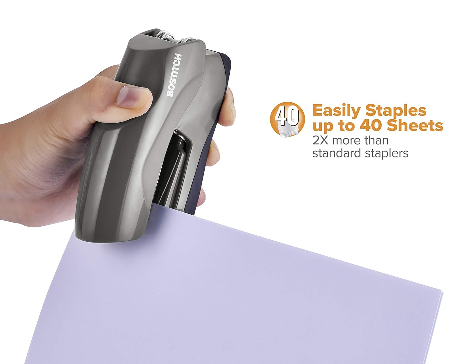 Bostitch Office Heavy Duty 40 Sheet Stapler, Small Stapler Size, Fits into The Palm of Your Hand; Gray