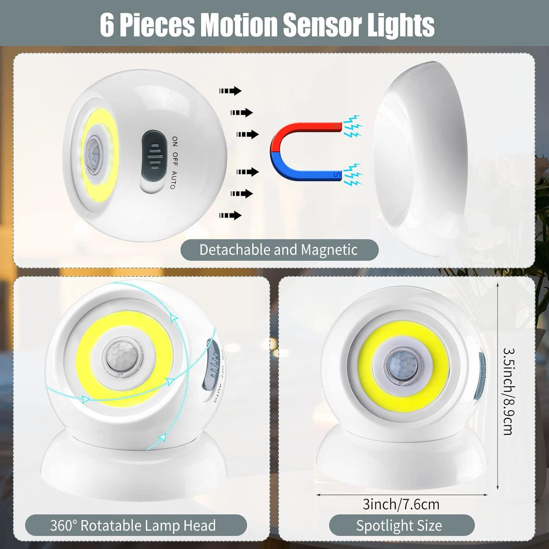 6 Pcs Motion Sensor Lights 360°motion Activated Night Lights Battery Operated Outdoor Lights Safe Portable Motion Detector Lights for Outside LED Wall Light Fixture for Closet Stair Wardrobe Garage