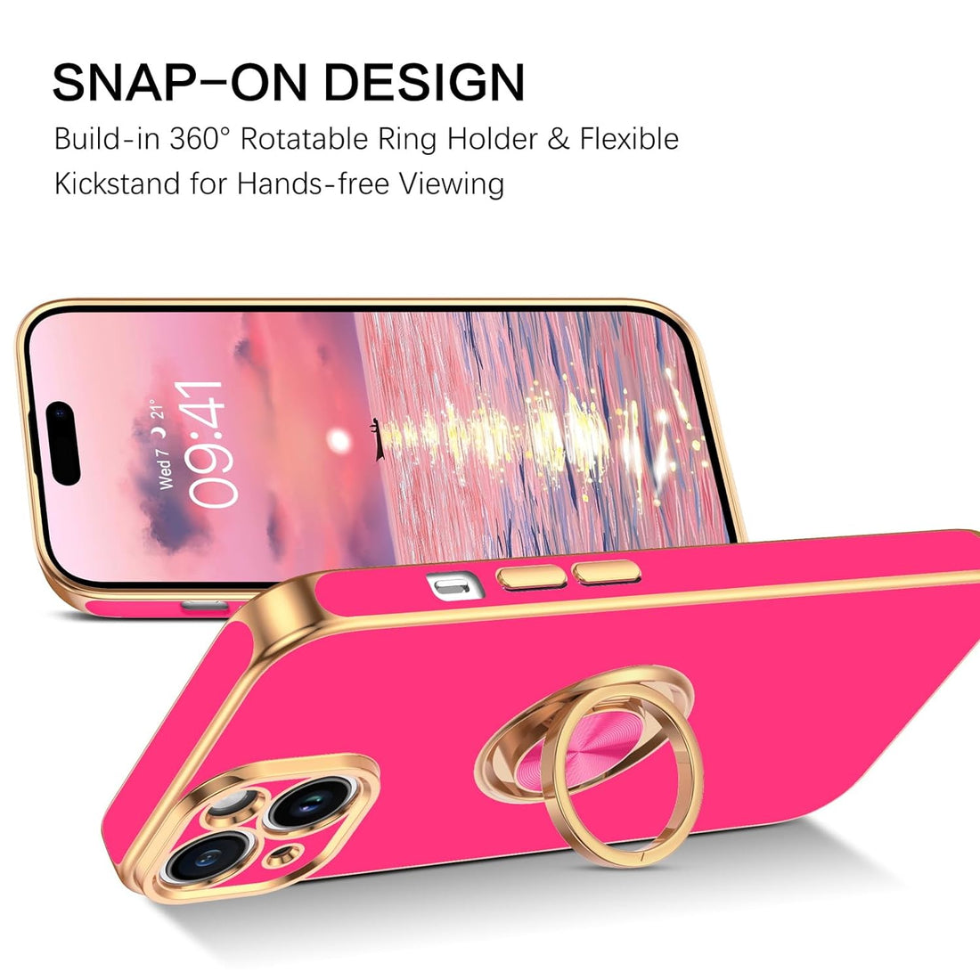 GUAGUA Compatible with iPhone 6.1 Inch Case with 360° Ring Holder Kickstand Magnetic Car Mount Supported Slim Soft TPU Shockproof Protective Edge Plating Case, Hot Pink