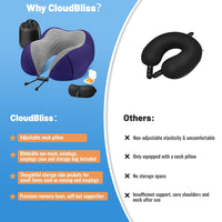 CloudBliss Travel Pillow Premium Memory Foam, Comfortable & Supportive Neck Pillow, Neck Pillows for Sleeping Travel, Airplane Pillow for Sleeping Airplane, Car, Office and Home（Black & Navy）