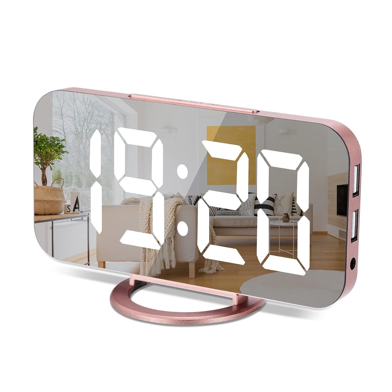 Digital Clock Large Display, LED Electric Alarm Clocks Mirror Surface for Makeup with Diming Mode, 3 Levels Brightness, Dual USB Ports Modern Decoration for Home Bedroom Decor-Rose Gold
