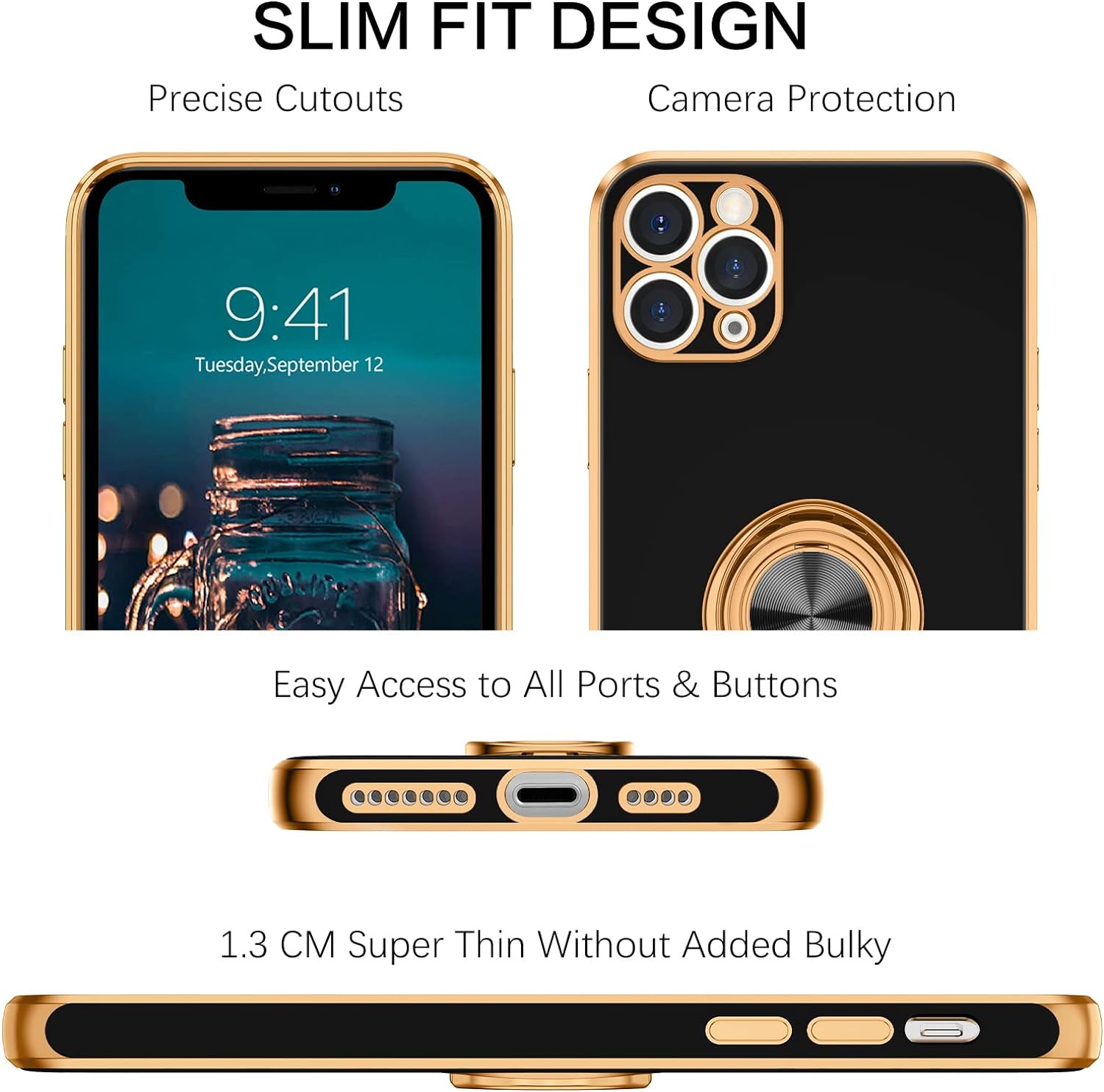 BENTOBEN iPhone 11 Pro Max Case, Phone Case iPhone 11 ProMax, Slim Fit Kickstand Ring Holder Shockproof Protection Soft TPU Bumper Drop Protective Girls Women Boy iPhone 11 ProMax 6.5 Cover,Black/Gold