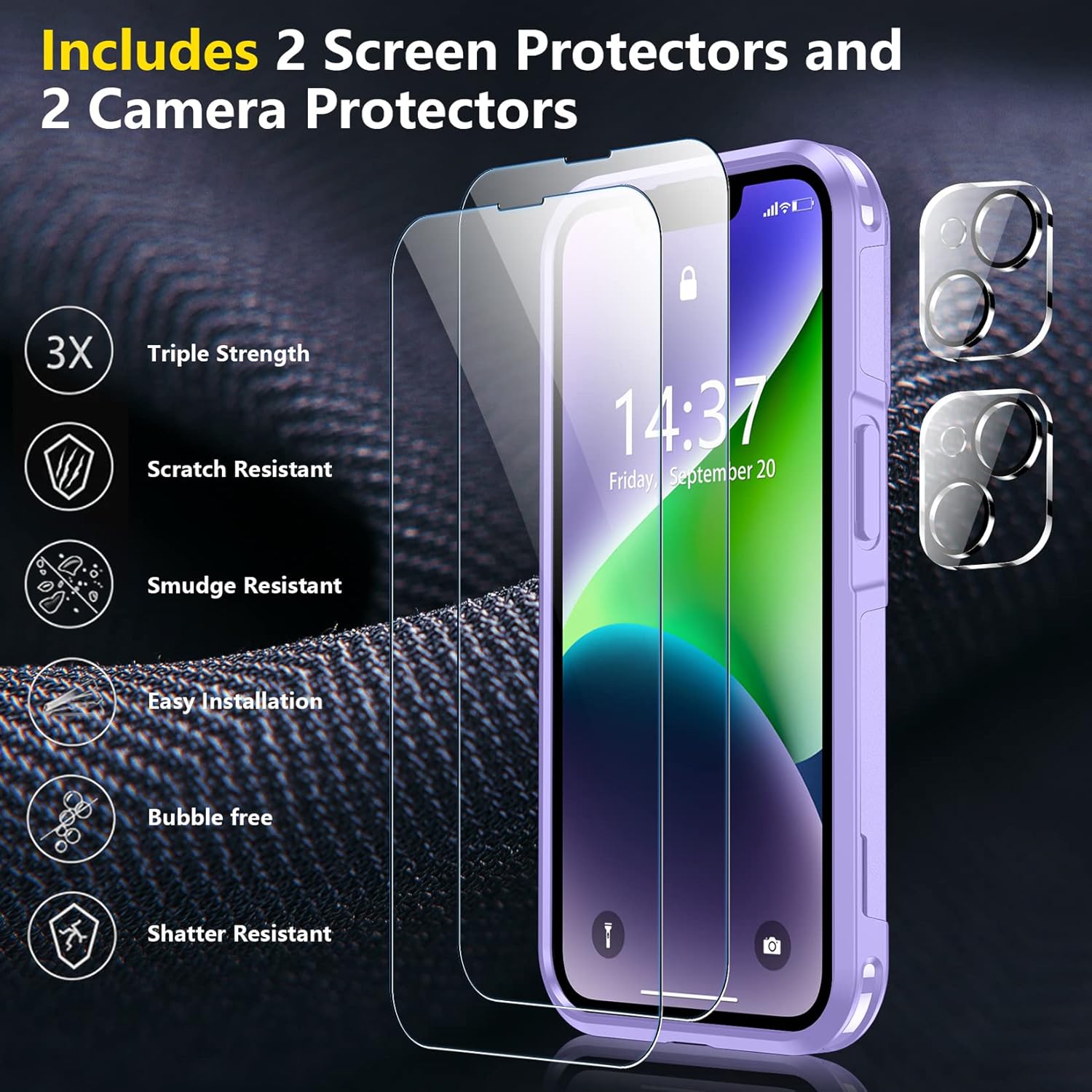 SPIDERCASE for iPhone 14 Case, [15 FT Military Grade Drop Protection][Non-Slip] [2+Tempered Glass Screen Protectors][2+Tempered Camera Lens Protectors] Heavy Duty Shockproof Case, Light Purple