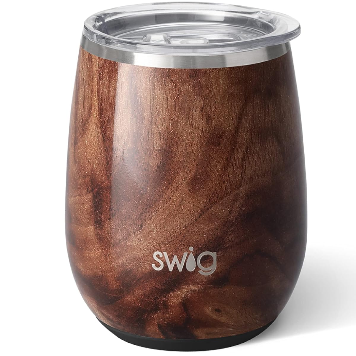 Swig Life Stainless Steel 14oz Stemless Wine Cup, Dishwasher Safe with Spill Resistant Slider Lid in Black Walnut
