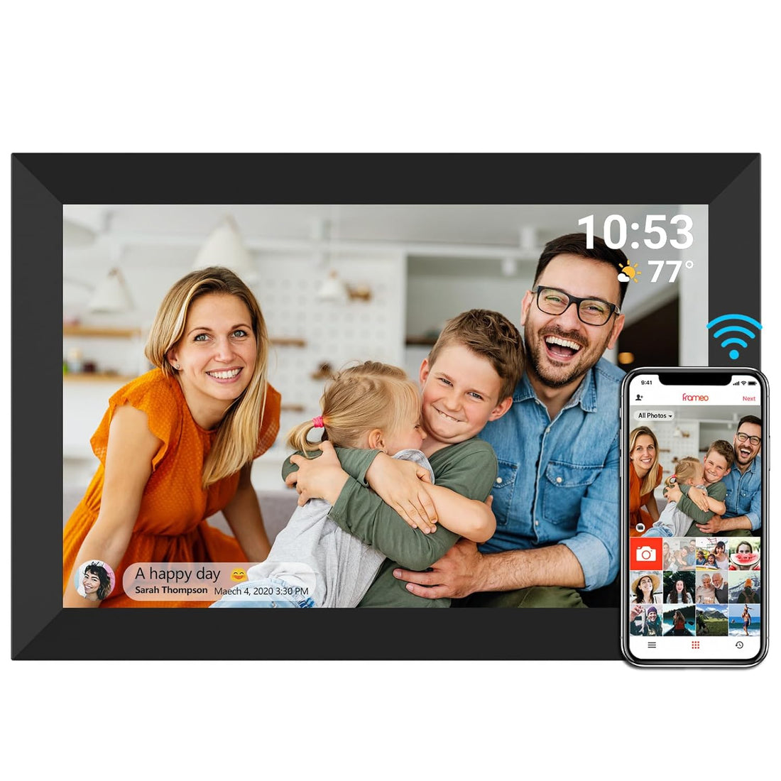 FRAMEO Smart Digital Picture Frame WiFi Cloud 10.1 Inch HD 1280x800 IPS Touch Screen Digital Frame with 16GB Storage Easy Setup to Share Photos or Video via Frameo APP Auto-Rotate Wall Mountable Black