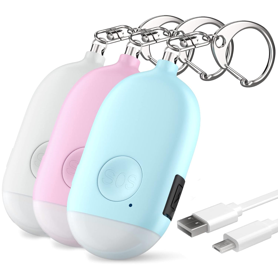 Rechargeable Self Defense Keychain Alarm – 3 Pack 130 dB Loud Emergency Personal Siren Ring with LED Light – SOS Safety Alert Device Key Chain for Women, Kids, and Elderly by WETEN (Pink&Blue&White)