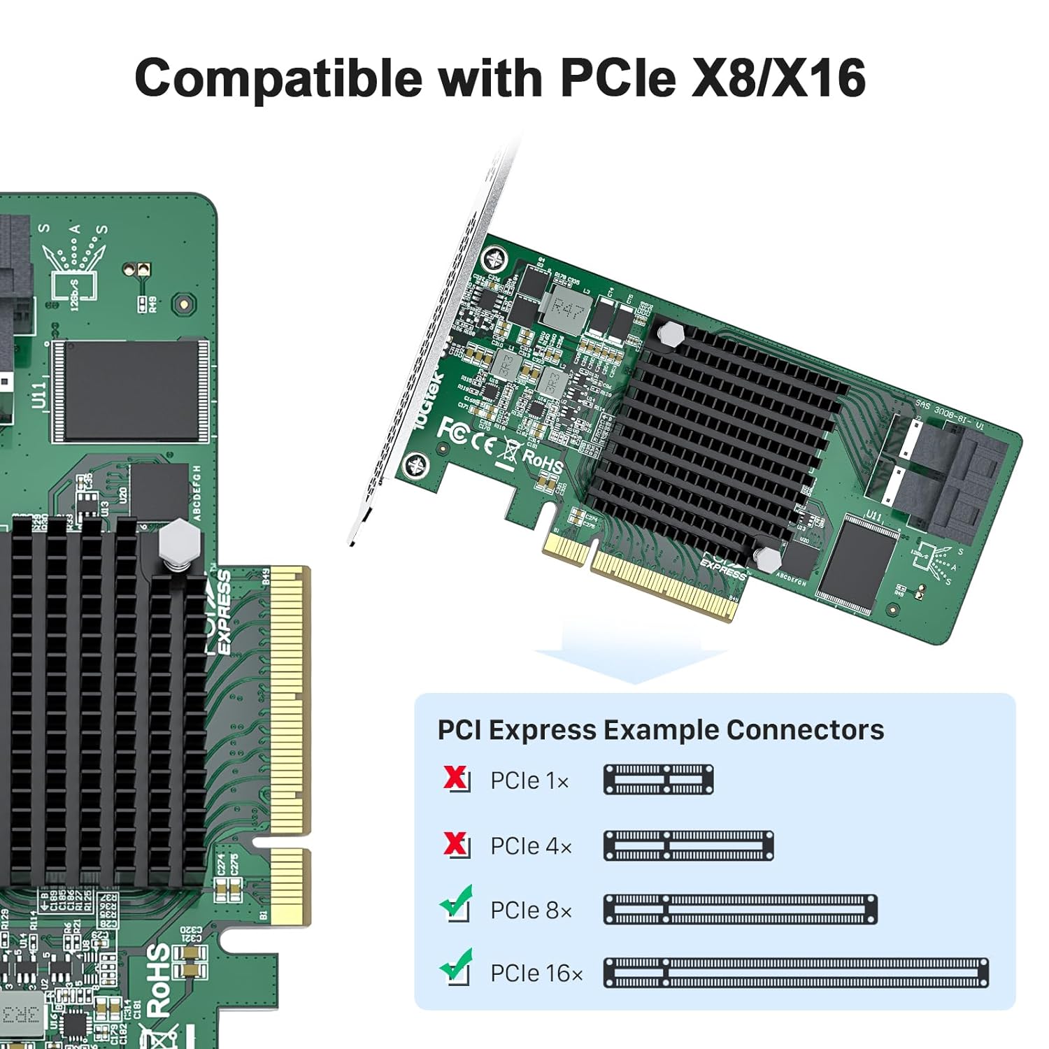 12G Internal PCI Express SAS/SATA HBA Raid Controller Card, Broadcom's SAS 3008, Compatible for SAS 9311-8I, Support Raid 0/1/1E/10