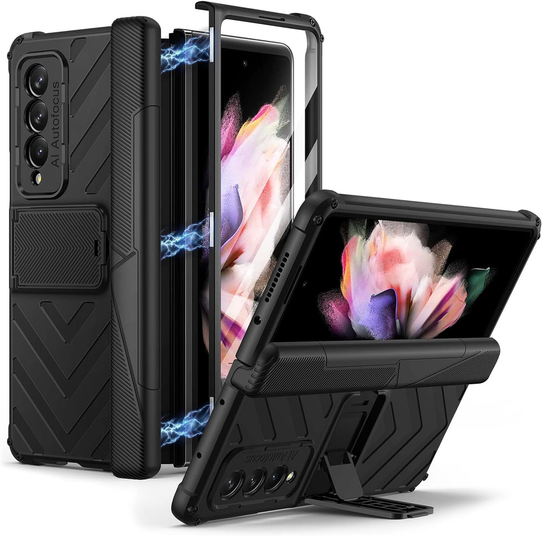 seacosmo case for Samsung Galaxy Z Fold 3, with Adjustable Kickstand & Magnetic Hinge Protector, Bulit in Screen Protector, Durable Rugged Shockproof Protective Case - Black