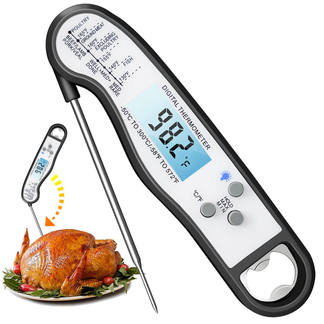 Digital Instant Read Meat Thermometer, Waterproof Ultra Fast Food Thermometer with Backlight and Calibration, Kitchen Cooking Thermometer Probe for Grilling Oven Smoker BBQ, Black