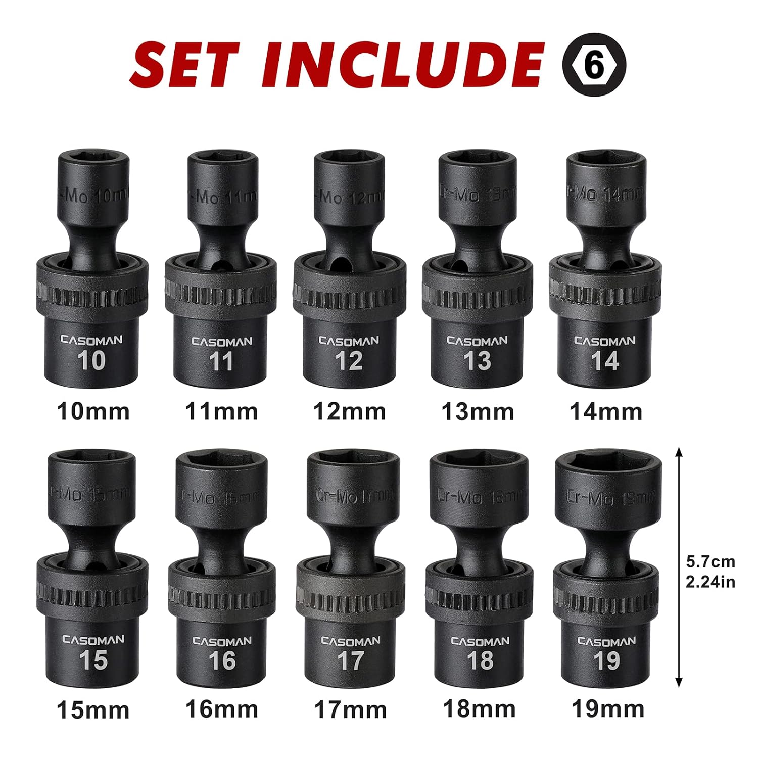 CASOMAN 10 PCS 3/8" Drive Standard Universal Impact Socket Set, 6 Point, CR-MO, Metric,10-19mm