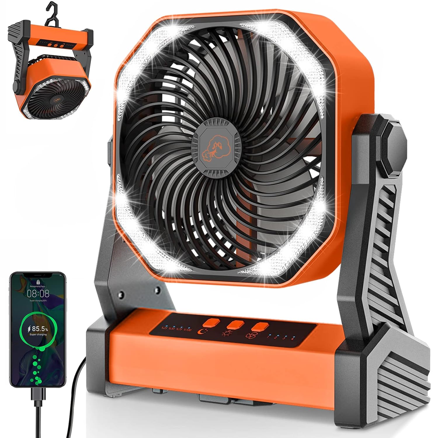 20000mAh Camping Fan with LED Lantern, 8 inch Battery Operated Fan, USB Rechargeable Tent Fan Outdoor Power Bank Portable Fan with Hook for Hiking Camping Fishing Emergency Survival (Building Orange)