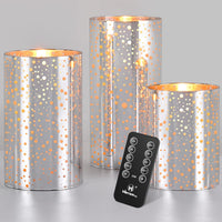 M Mirrowing Flameless Candles, Silver Mercury Glass Holder, Decorative LED Candle, Real Wax, Set of 3, 3"Dx4"/5"/6"H, Realistic Flickering, Remote Control, Timer, Battery Operated Candles (Silver)