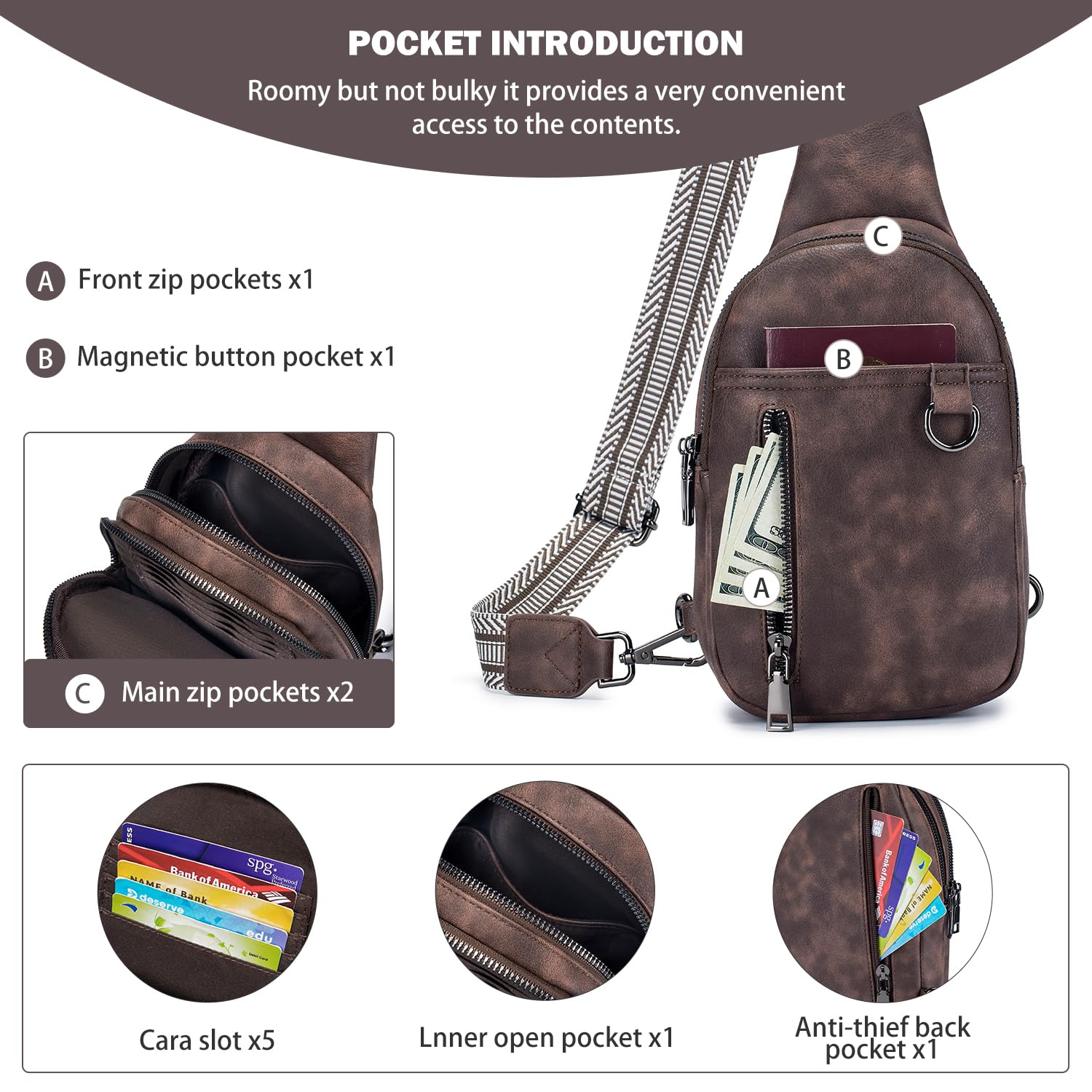 Roulens Small Sling Bag Crossbody Bags for Women,Leather Cell Phone Purse Fanny Pack Chest Bag for Travel, B-Coffee, Ar5272-5coffee