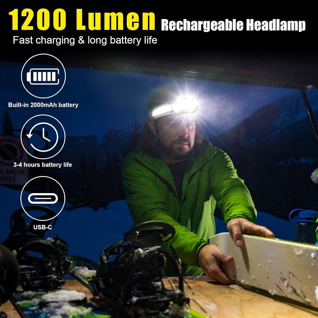 LED Headlamp Rechargeable, 1200 Lumen Super Bright Headlamp Flashlight, 270Ã‚° Wide Beam LED Headlamps with Red Taillight, 8 Mode Lightweight Waterproof Head Lamp for Outdoor Camping Fishing Running