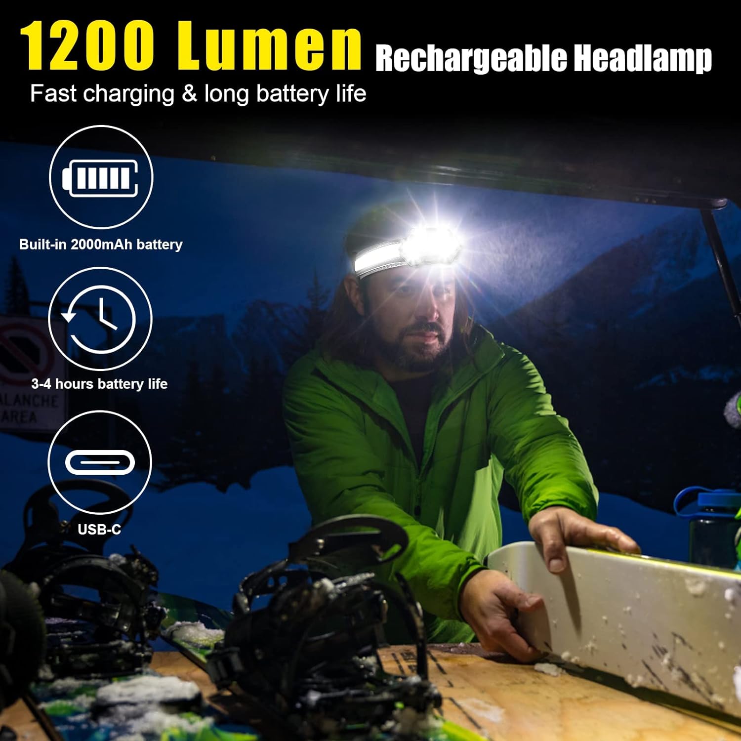 LED Headlamp Rechargeable, 1200 Lumen Super Bright Headlamp Flashlight, 270Ã‚° Wide Beam LED Headlamps with Red Taillight, 8 Mode Lightweight Waterproof Head Lamp for Outdoor Camping Fishing Running