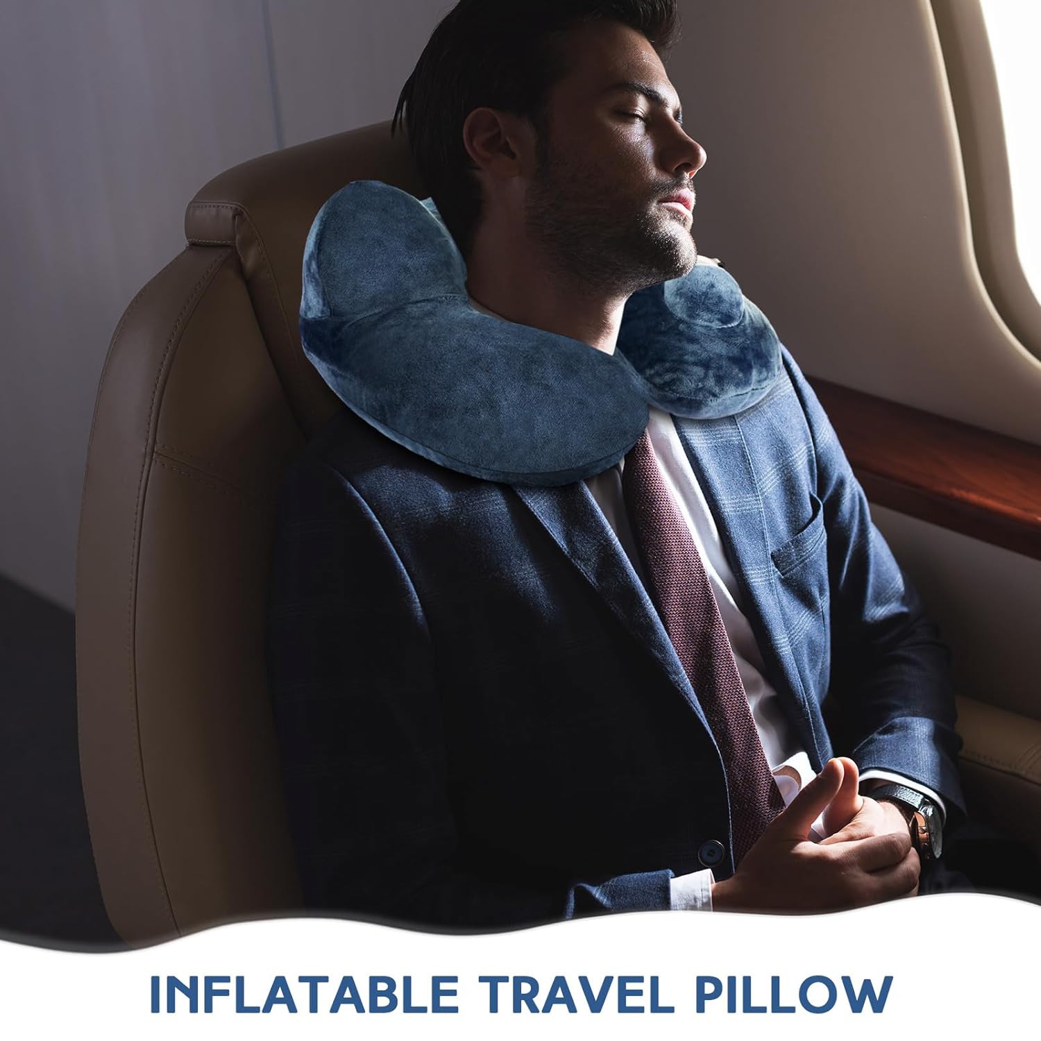 Xtinmee 2Pcs Self-Inflatable Pillow Inflatable Travel Pillow with Compact Bag Soft Airplane Pillow for Long Flight Neck Cushion for Head Support Car Home Office 12.2x11.81x5.91in (Navy Blue)