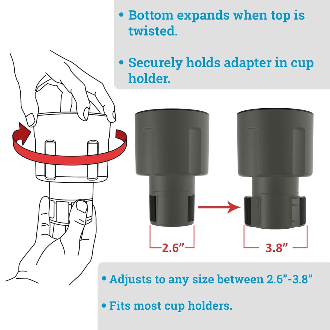 Swigzy Car Cup Holder Expander Adapter (Adjustable) - Holds Hydro Flask, Yeti, Nalgene, Large 32/40 oz. Bottles & Big Drinks - Gray