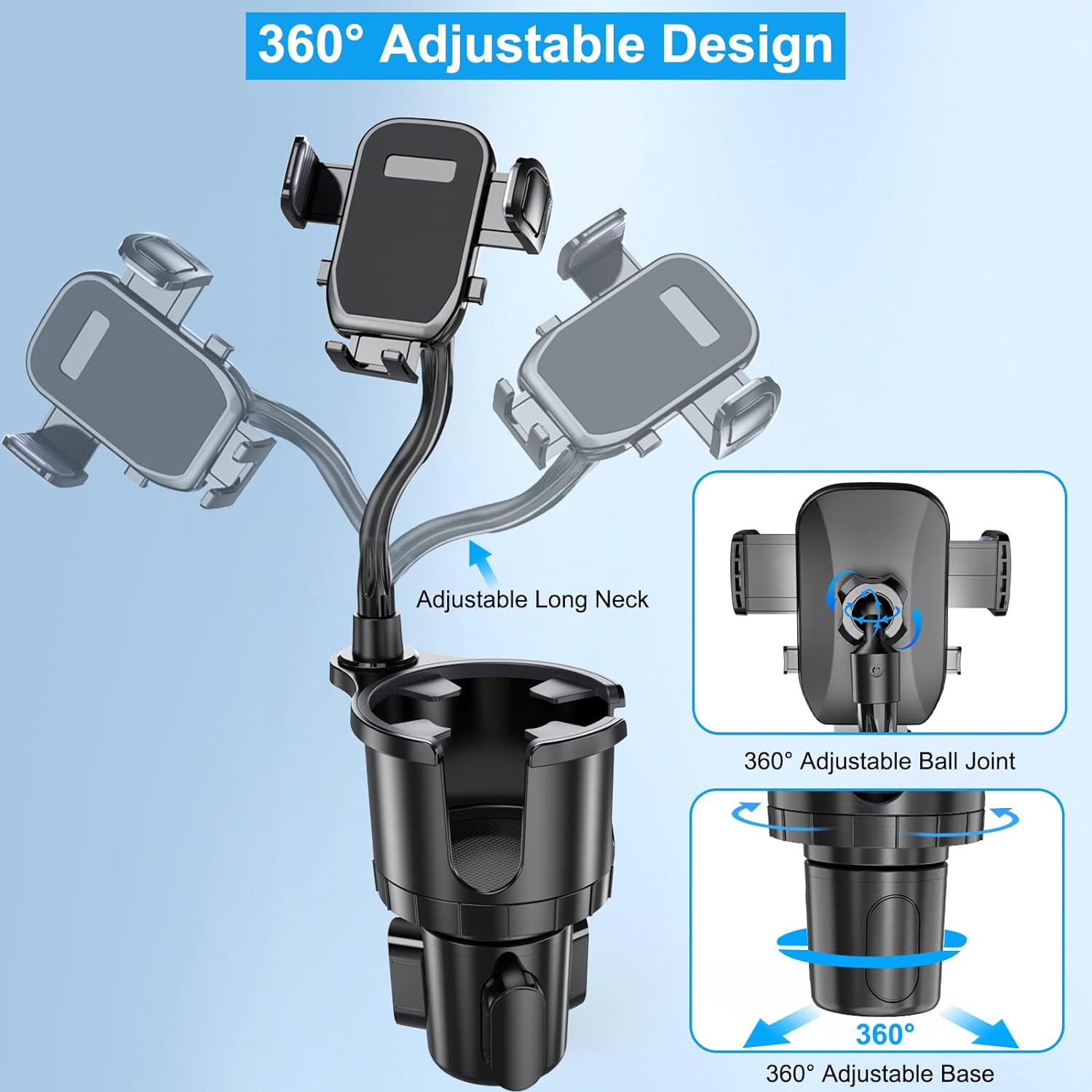 Car Cup Holder Phone Mount, 2 in 1 Adjustable Cup Holder Expander with 360° Rotation Base, Multifunctional Large Cup Organizer Phone Holder for Car Fits All Smartphones