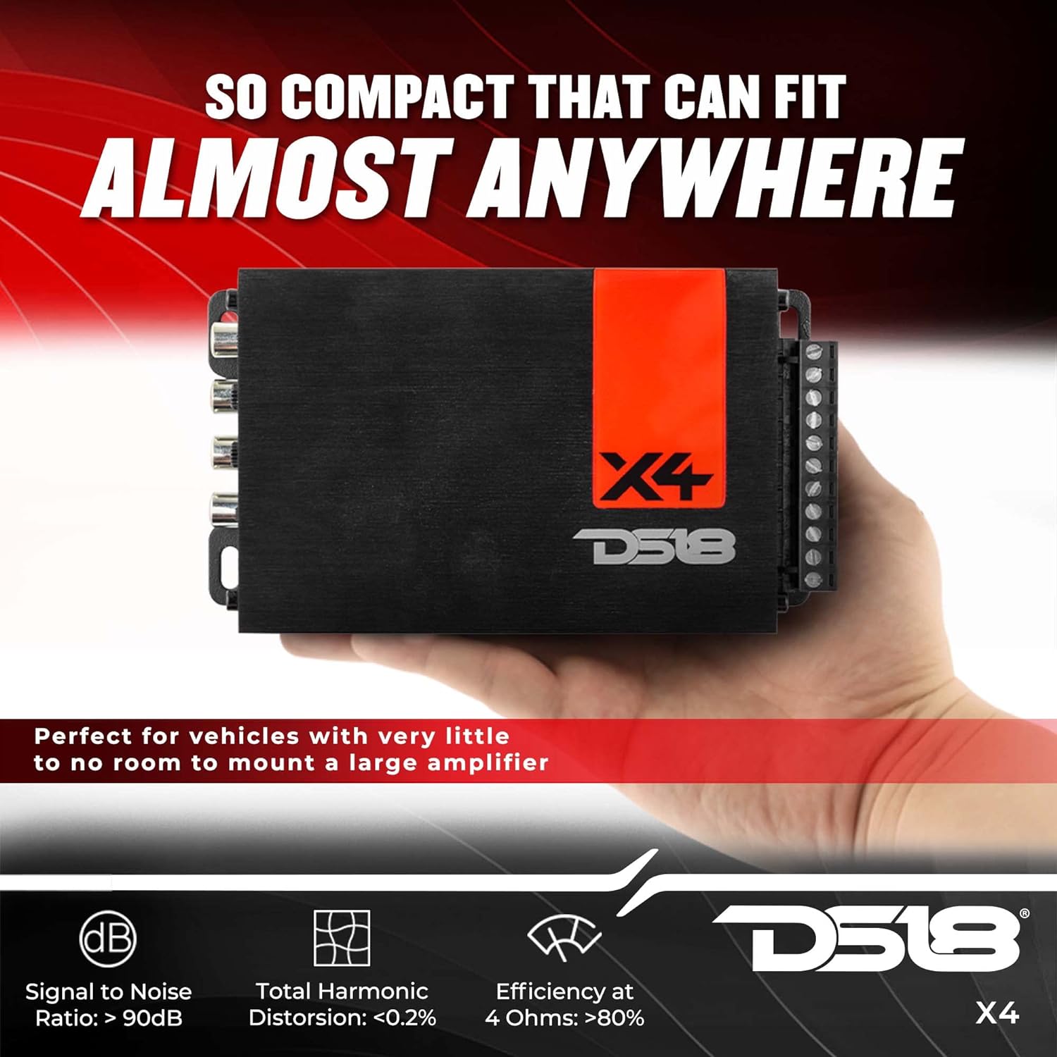 DS18 X4 Ultra Compact Amplifier - 4 Channel, Full Range, Class D, 1400 Watts - Ultra Small Size for Easy Installation on Many Applications