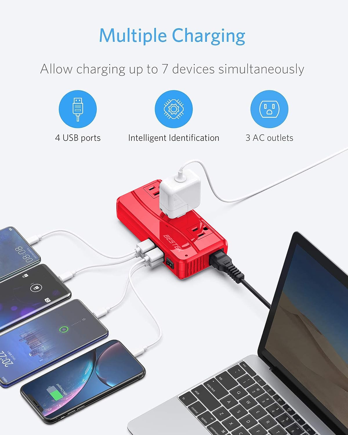 BESTEK International Power Adapter 250W, 220V to 110V Step Down Travel Voltage Converter with 4-Port USB Including US/AU/EU/UK//India/South Africa Plug Adapter (Red)