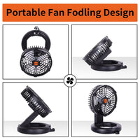 Portable Camping Fan for Tents,Personal USB Desk Fan for Fishing,Battery Operated Fan,36 Hours Work Time, Outdoor Rechargeable Fan with LED Lantern,Hanging Hook,，Black 90