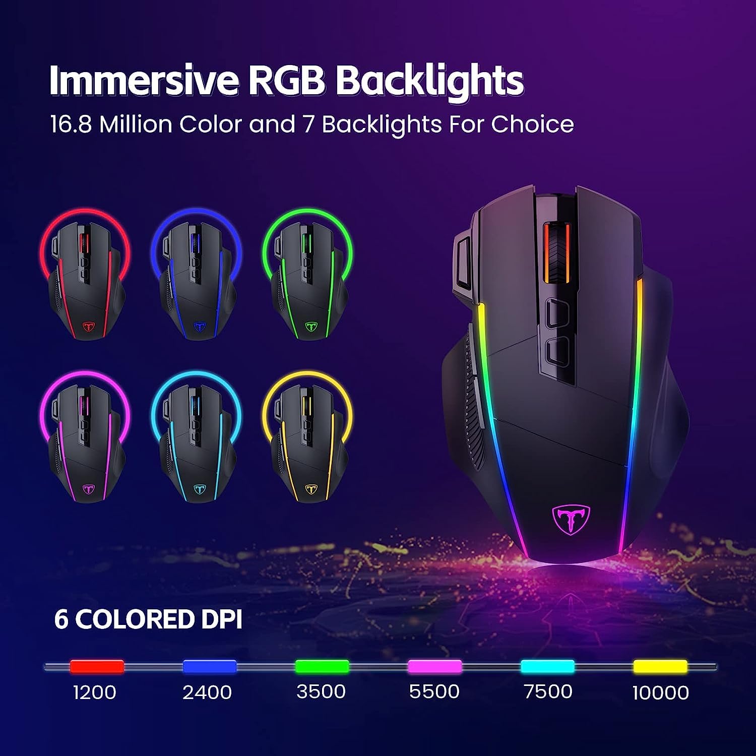 RisoPhy Wireless Gaming Mouse,Tri-Mode 2.4G/USB-C/Bluetooth Mouse Up to 10000DPI,Chroma RGB Backlit,Ergonomic Mouse with 8 Programmable Buttons,Rechargeable Wireless Computer Mouse for Laptop,PC,Mac