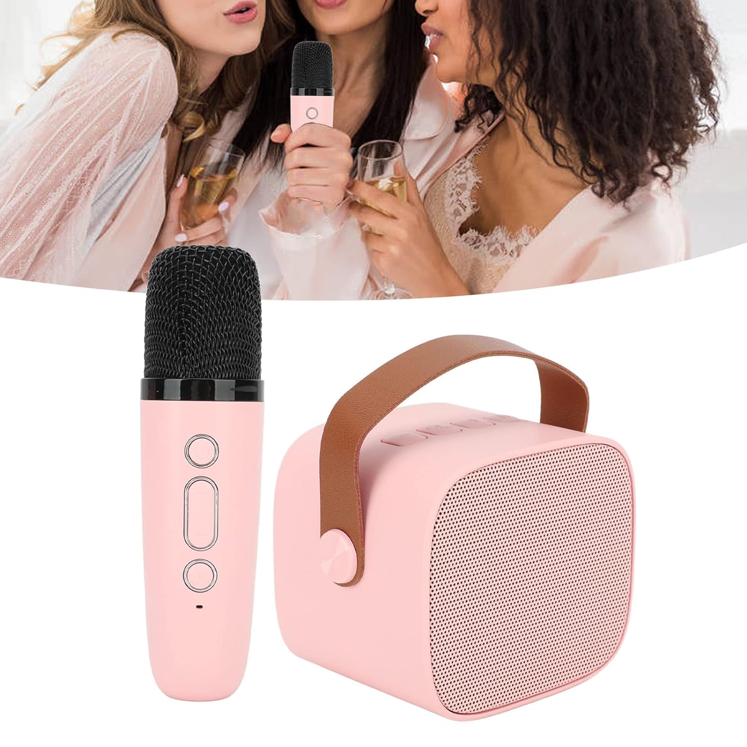 Pwshymi Mini Karaoke Machine, Stable Transfer 6 Sound Effects Clear Sound Instant Pairing Kids Portable Bluetooth Speaker Machine for Speech(Pink)