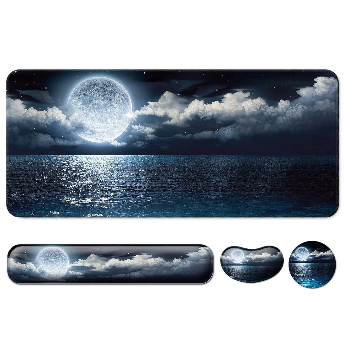 Keyboard Wrist Rest and Desk Mouse Pad with Wrist Support (4 PCS Set ) , Large Gaming Extended XXL Desk Pad Table Mat ,Mousepad with Ergonomic Wrist Rest for Desktop Computer -Moon Ocean