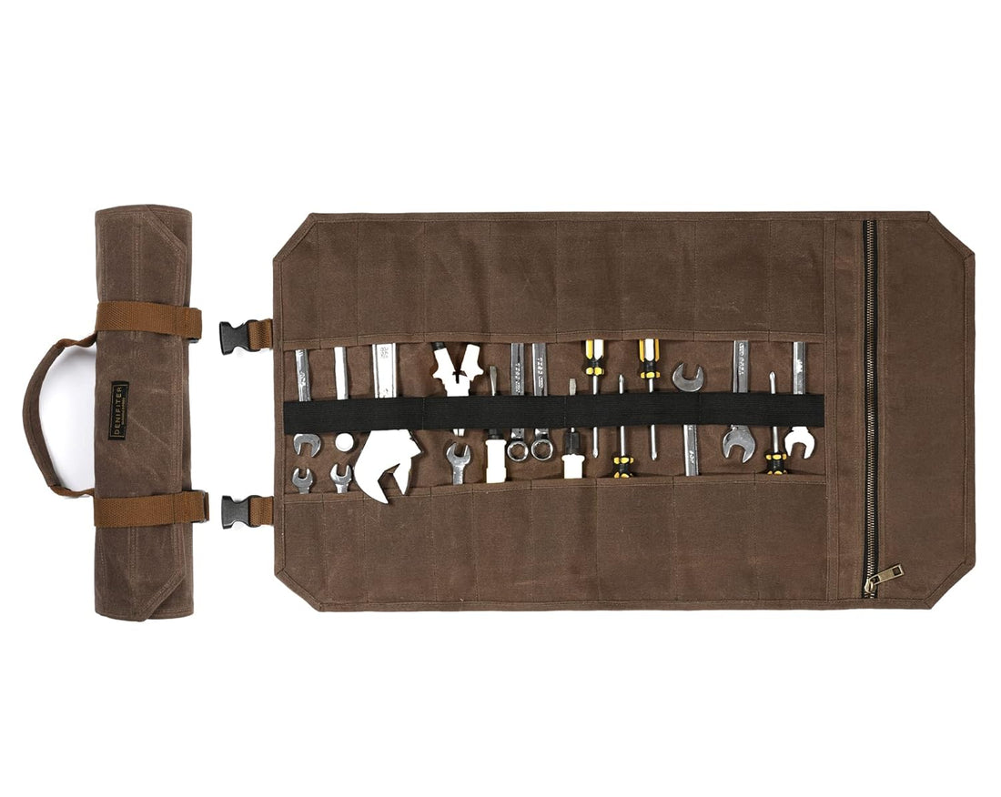 Tool Bag, Heavy Duty 16oz Waxed Canvas Tool Roll Up Pouch Tool Organizer, (L) 25" X (H) 14.5" Gray