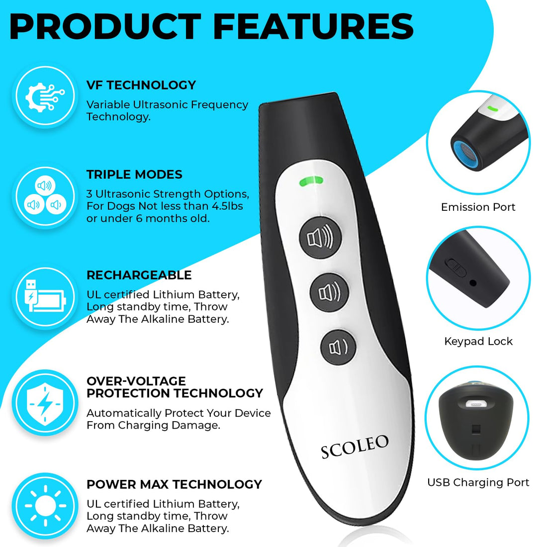SCOLEO Ultrasonic Dog Barking Control Device for Home – Advanced Dog Ultrasonic Anti Barking Device – Effective Dog Training Tools with 3 Sound Levels - Variable Ultrasonic Frequency Technology