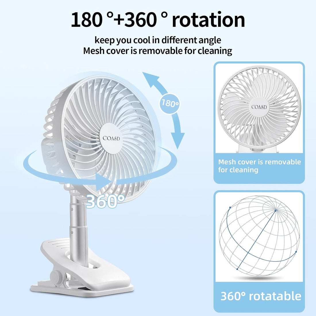 COASD Portable Rechargeable Clip on Fan, 6 inch Battery Operated Fan, 24 Hours Work Time, 4 Speeds Personal Fan, Ideal for Outdoor Camping Golf Cart Home Office Blue (modern, white)