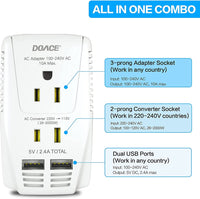 DOACE C11 2000W Travel Voltage Converter for Hair Dryer Straightener Curling Iron, Step Down 220V to 110V, 10A Power Adapter with 2 USB and EU/UK/AU/US Plugs for Laptop Camera Cell Phone (White)