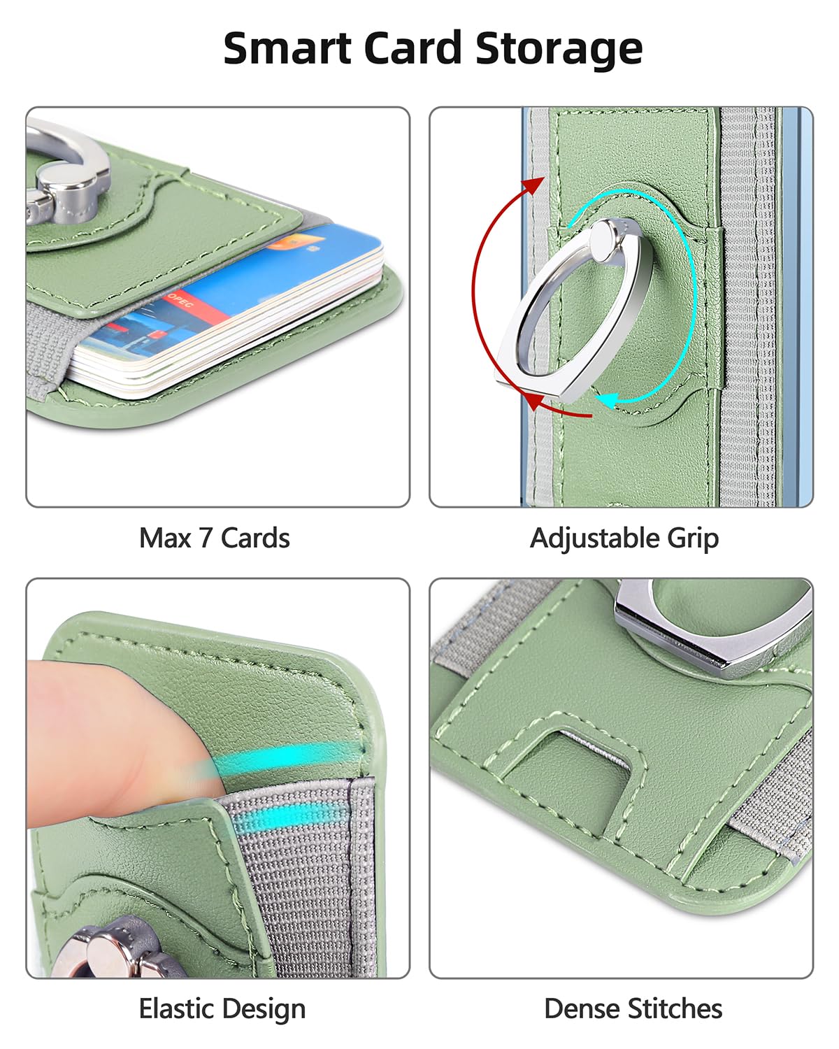 Magnetic Card Wallet Holder with Ring Holder, Magsafe Wallet for Apple iPhone 14 Pro Max/14 Pro/14/13/12, MagSafe Leather Wallet, Magnetic Wallet for iPhone 14/13/12 Series, Fit 7 Cards, Light Green