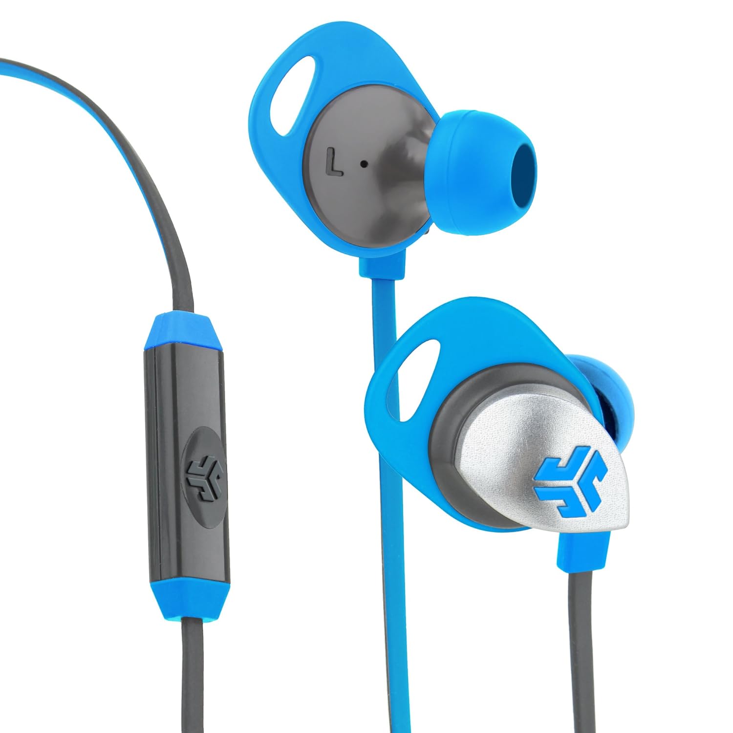 JLab JBuds Epic Earbuds with 13mm C3 Massive Drivers and Customizable Cush Fins - Blue/Gray