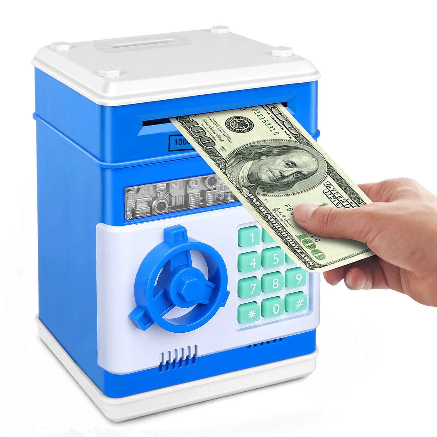 Setibre Piggy Bank, Electronic ATM Password Cash Coin Can Auto Scroll Paper Money Saving Box Toy Gift for Kids (Blue)