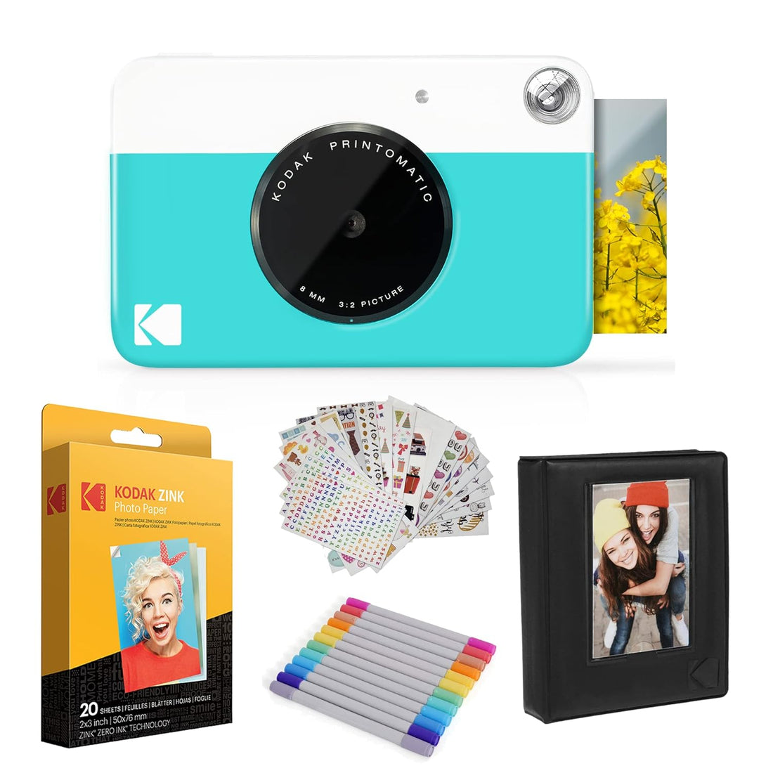 Kodak Printomatic Instant Camera (Blue) Gift Bundle + Zink Paper (20 Sheets) + Deluxe Case + 7 Fun Sticker Sets + Twin Tip Markers + Photo Album + Hanging Frames + Comfortable Neck Strap