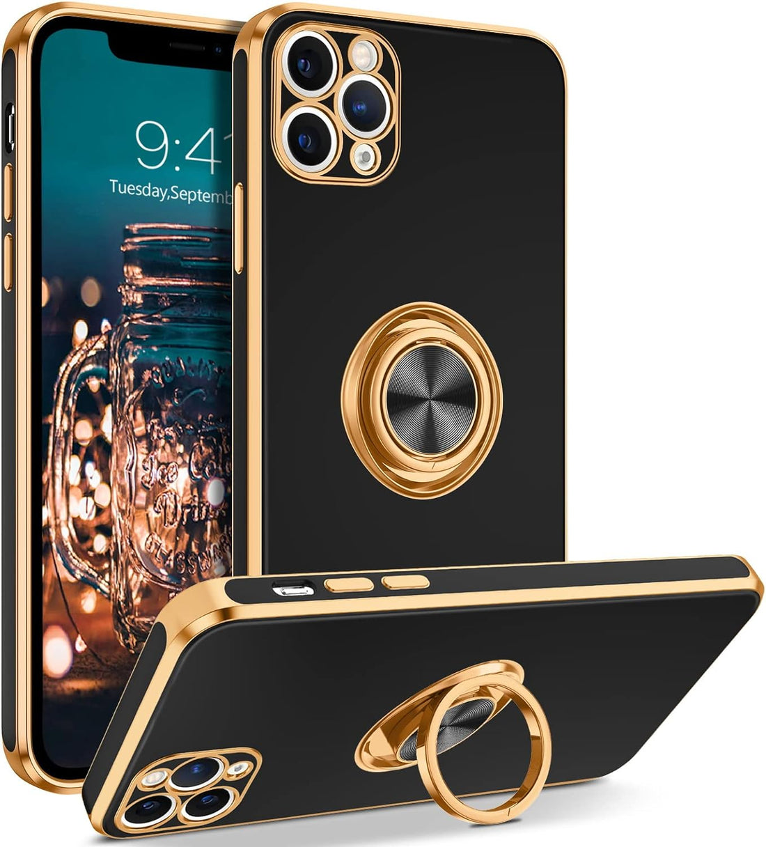 BENTOBEN iPhone 11 Pro Max Case, Phone Case iPhone 11 ProMax, Slim Fit Kickstand Ring Holder Shockproof Protection Soft TPU Bumper Drop Protective Girls Women Boy iPhone 11 ProMax 6.5 Cover,Black/Gold