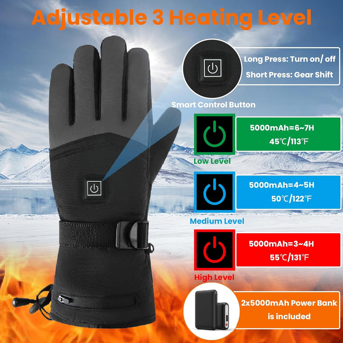 Heated Gloves for Men Women, 3-Heating Level USB Rechargeable Heated Gloves, 2 * 5v 5000mAh Battery Waterproof Electric Heated Gloves for Winter Riding Skiing Motorcycling Hunting, Universal Size