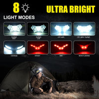 LED Headlamp Rechargeable, 1200 Lumen Super Bright Headlamp Flashlight, 270Ã‚° Wide Beam LED Headlamps with Red Taillight, 8 Mode Lightweight Waterproof Head Lamp for Outdoor Camping Fishing Running