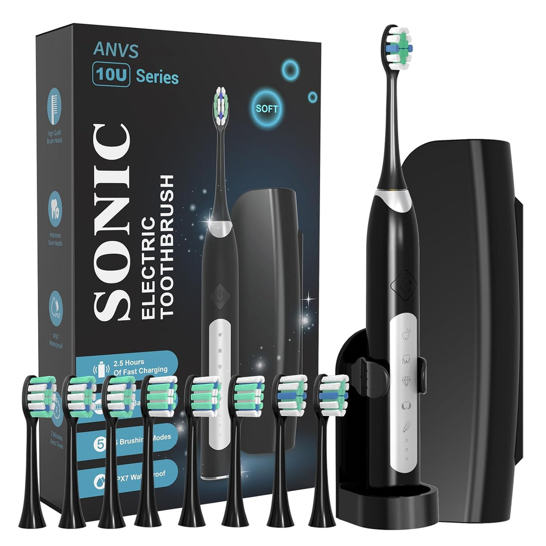 Sonic Electric Toothbrushes for Adults, 8 Brush Heads Electric Toothbrush Deep Clean 5 Modes, Rechargeable Travel Toothbrushes Fast Charge with 2 Minutes Smart Timer